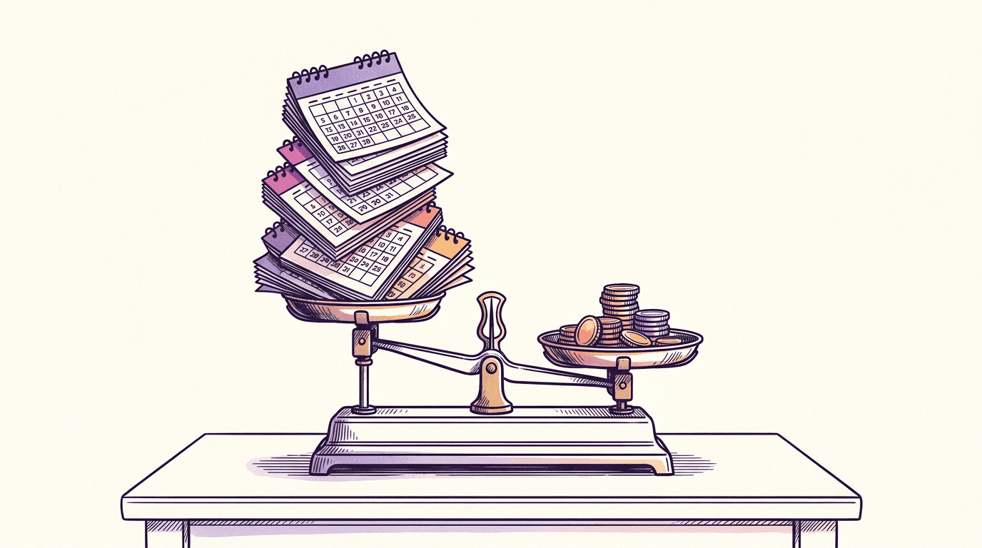 Balance scale weighing a stack of subscription calendars against a small pile of coins, pay-as-you-go cost comparison