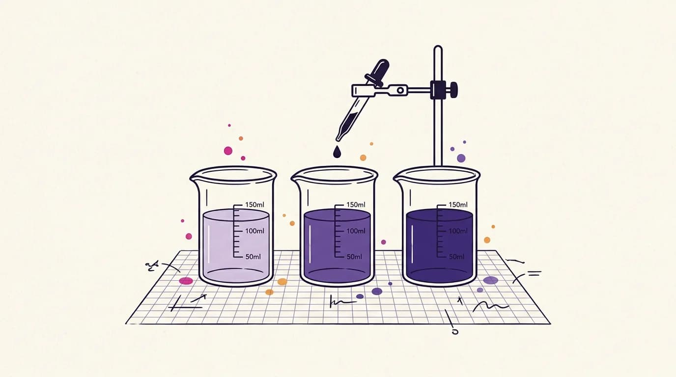 A laboratory-style comparison scene with three identical glass beakers in a row, each containing a different shade of liquid, arranged on graph paper with measurement marks, editorial illustration style, soft pastel paper background, dark ink details, accents of violet fuchsia and warm amber, clean minimal composition, generous negative space, subtle grain, premium tech-magazine aesthetic, no text, no words, no logos