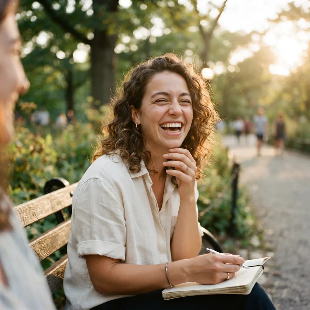 Young woman with short curly hair laughing, golden hour park setting, Nano Banana 2 Lite