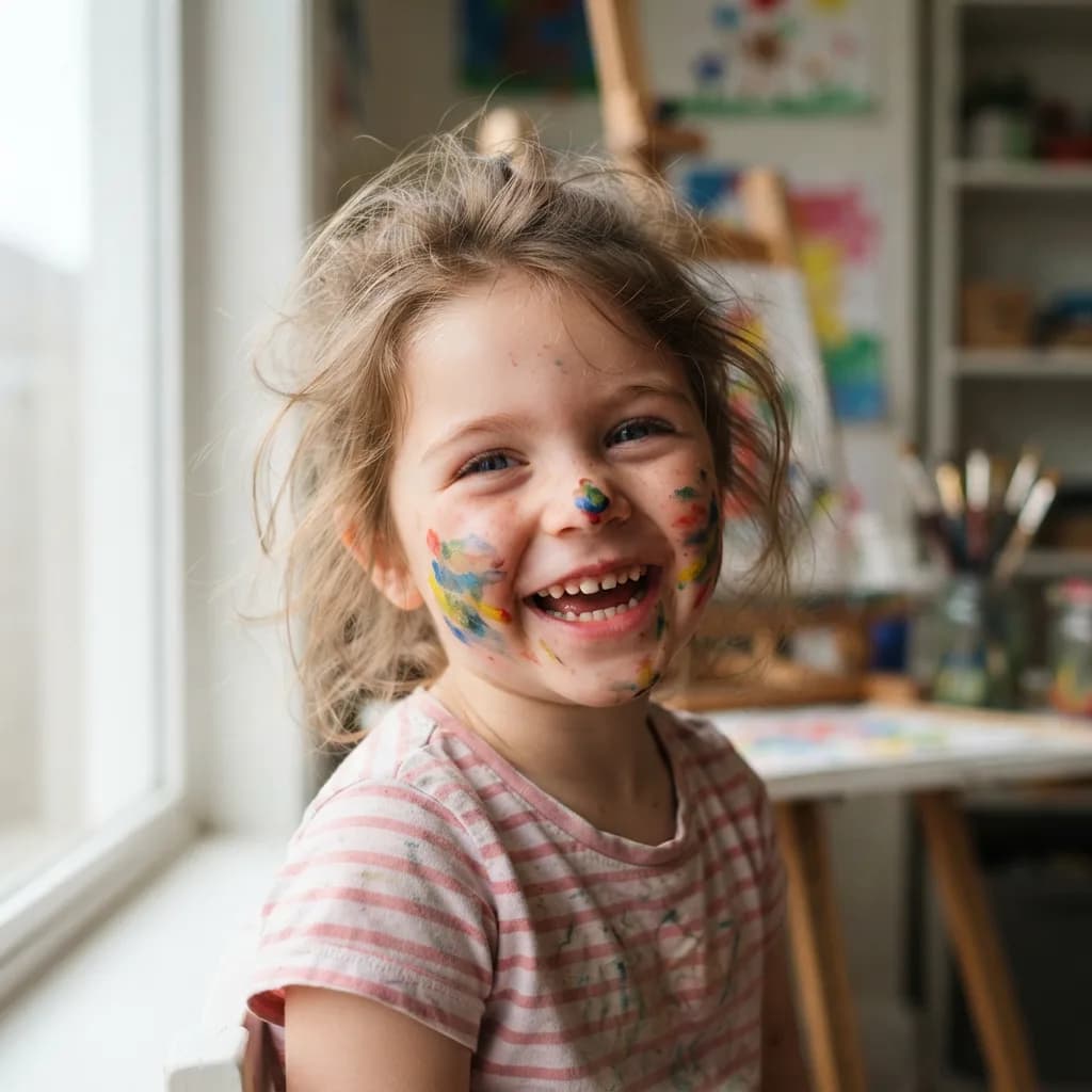 Close-up of child with paint on cheeks, playful expression, Nano Banana 2 Lite