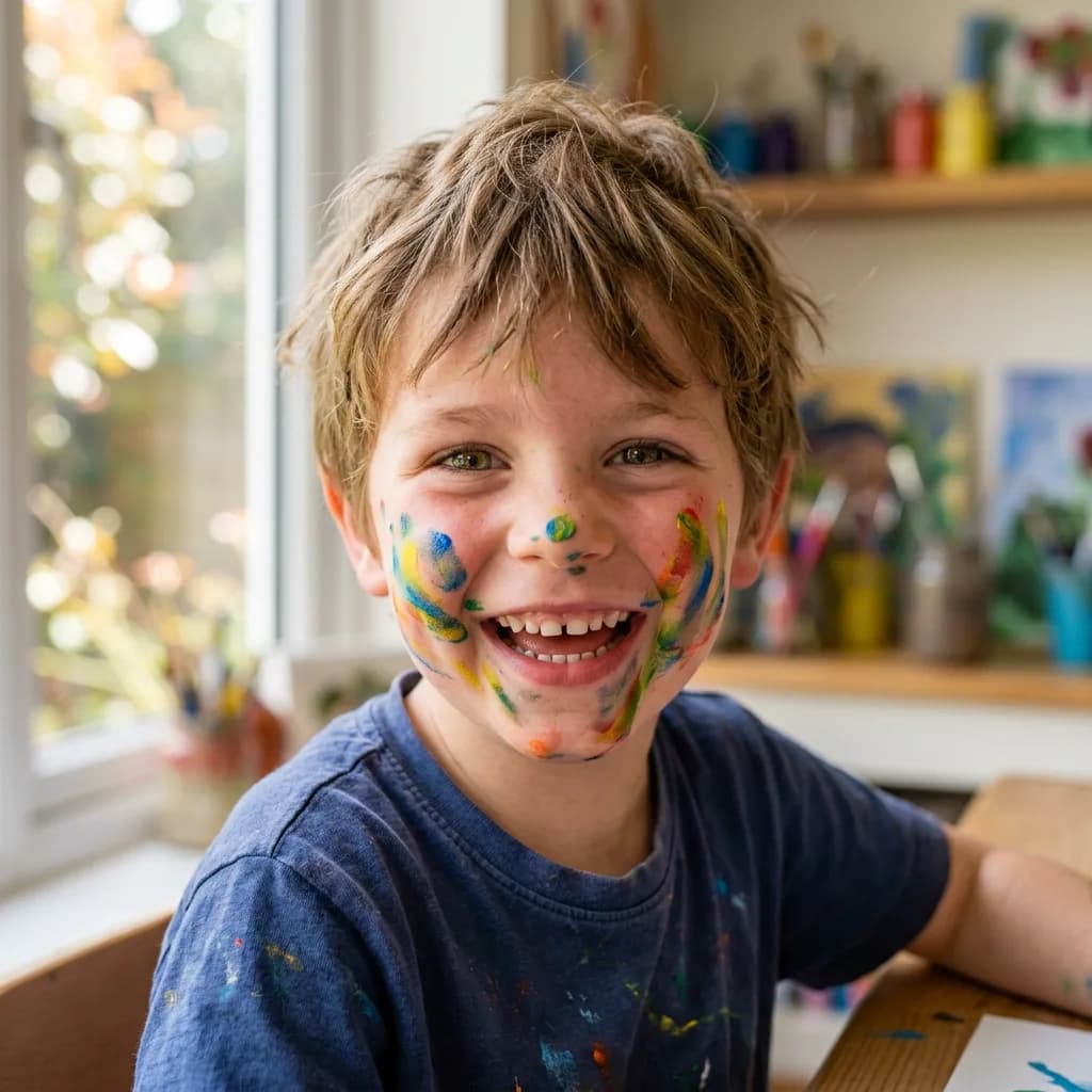 Child with paint-stained cheeks, Nano Banana 2