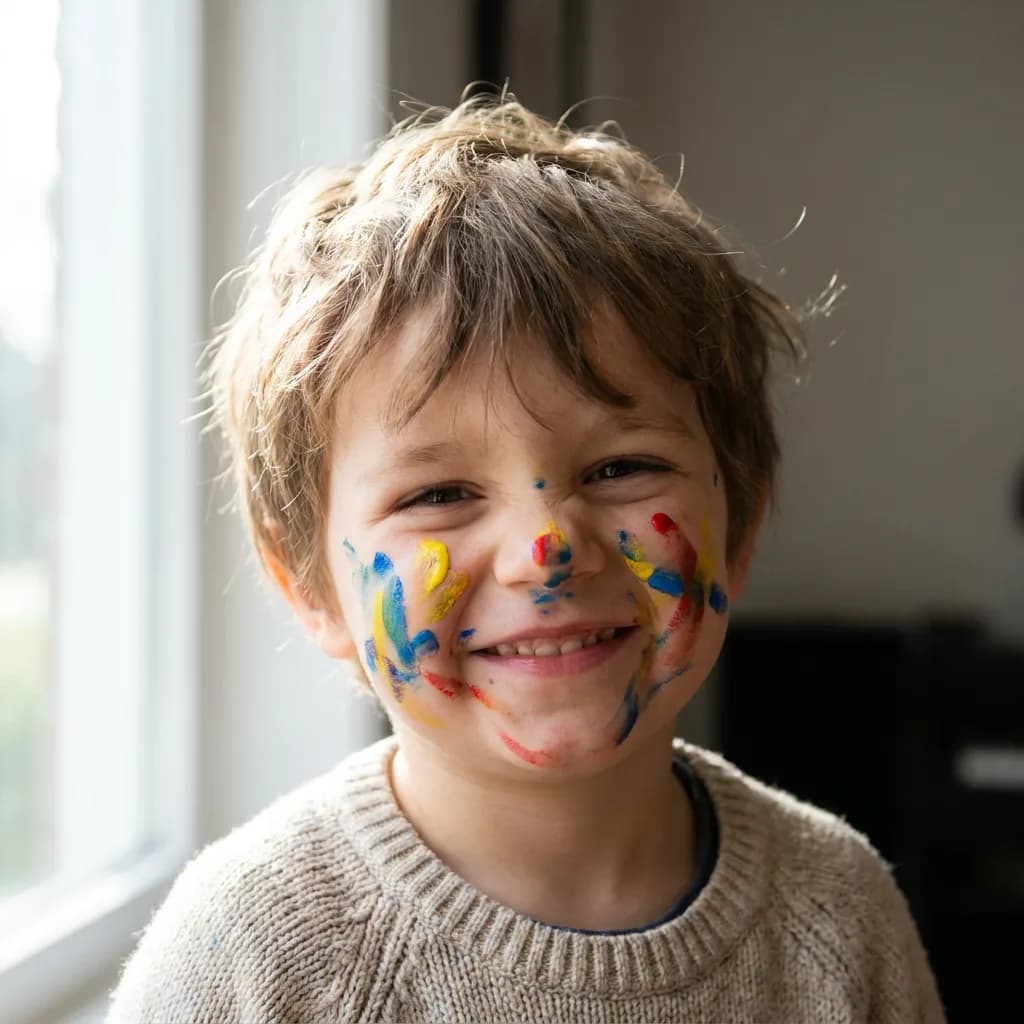 Child with paint-stained cheeks, Nano Banana Pro
