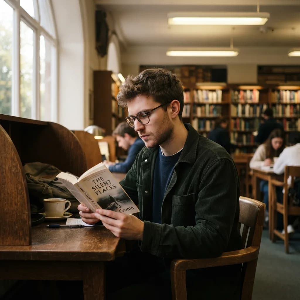 Young man with glasses reading in library, mixed lighting, Nano Banana 2 Lite