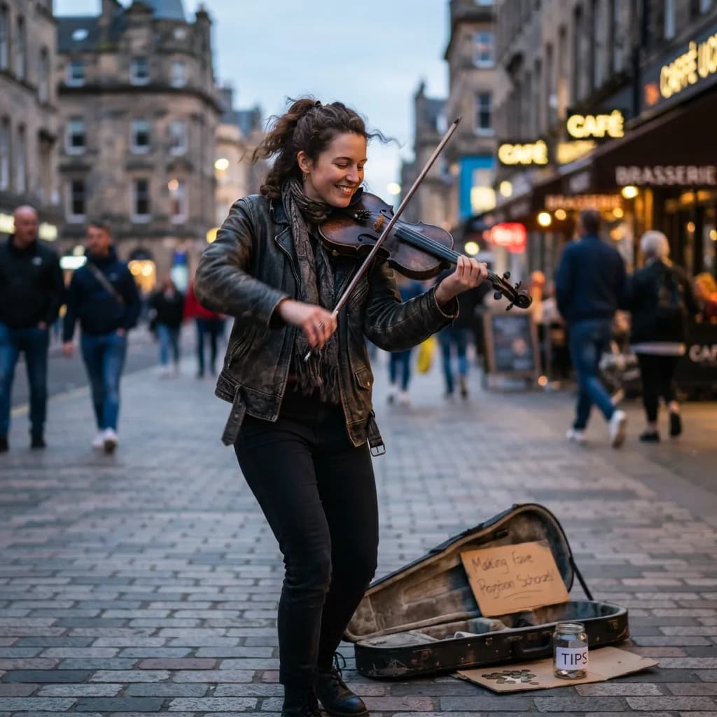 Street musician playing violin mid-motion, blurred city background, Nano Banana 2 Lite