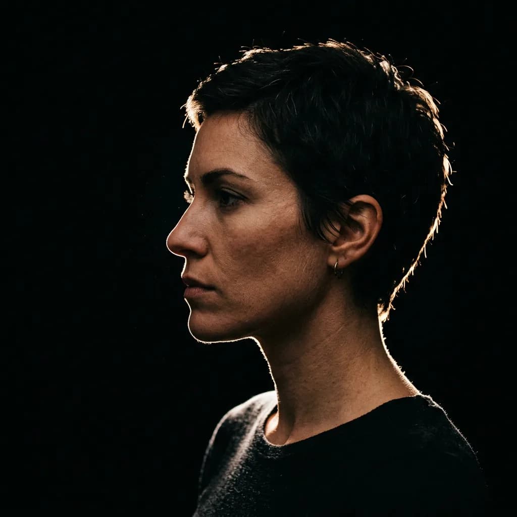 Profile portrait with dramatic rim lighting, Nano Banana 2 — mid-range tonal separation, moody atmosphere
