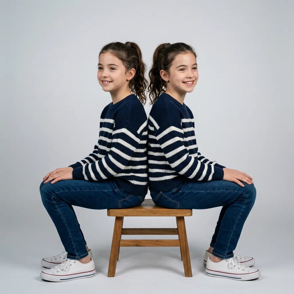 Two twins sitting back to back, Nano Banana 2 — related but not identical, slight facial differences