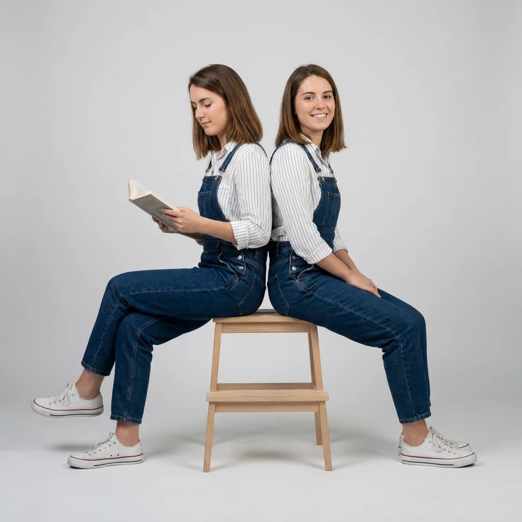Two twins sitting back to back, Nano Banana Pro — closest to true twin symmetry, cleanest studio backdrop