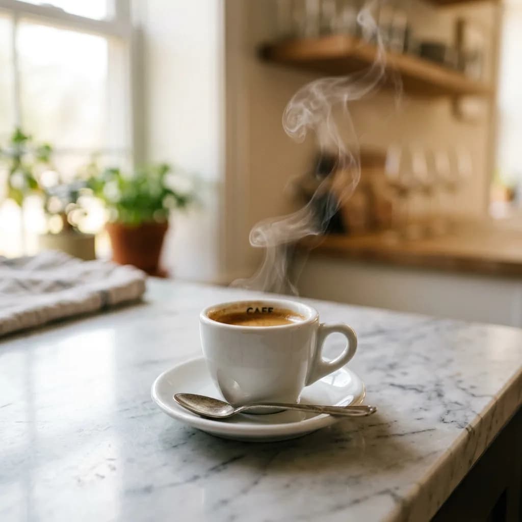 Espresso cup on marble, generated by Nano Banana 2 — similar composition, slightly more defined steam