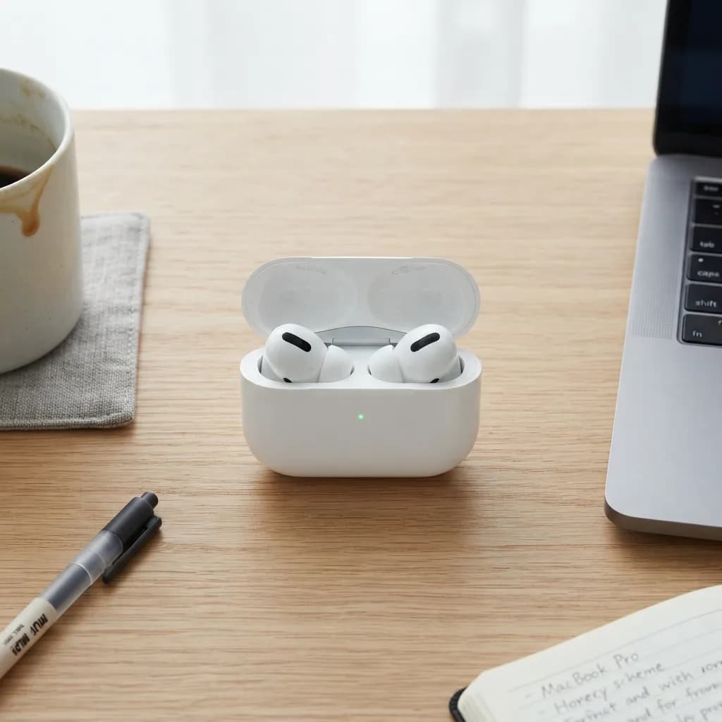 White wireless earbuds in open charging case, overhead shot, Nano Banana 2 Lite