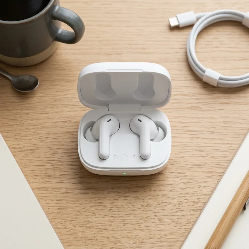 Wireless earbuds in charging case, Nano Banana 2