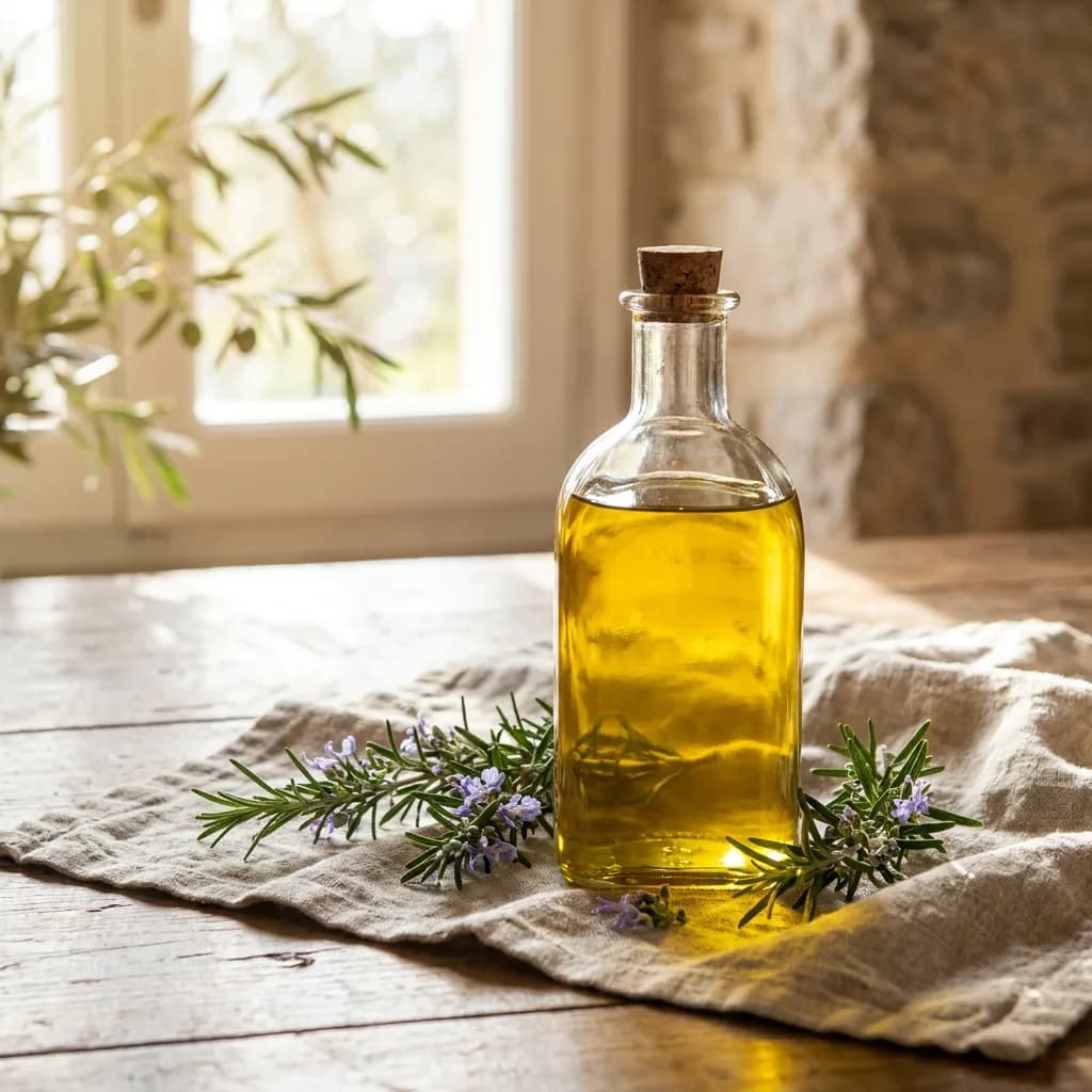 Olive oil bottle with rosemary, Nano Banana Pro
