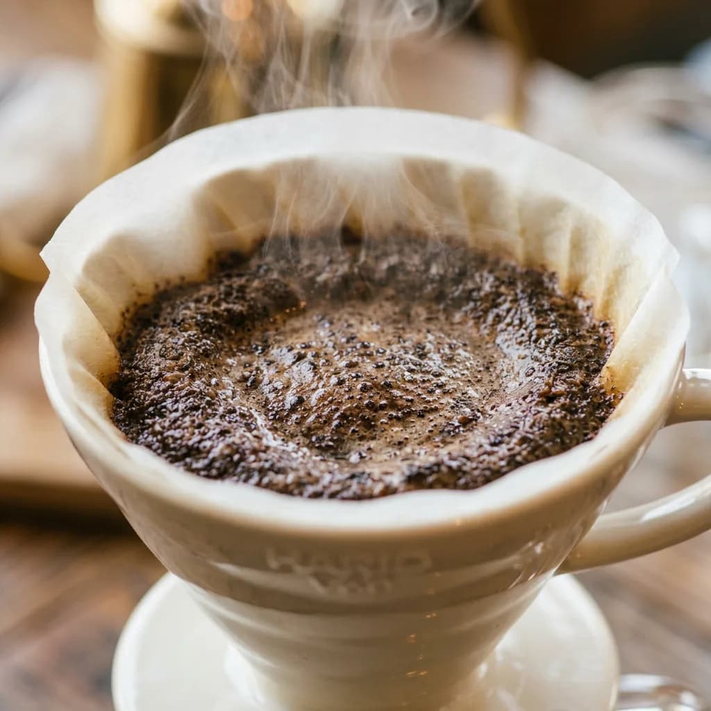 Ceramic pour-over coffee dripper with fresh grounds, Nano Banana 2 — slightly sharper grounds texture