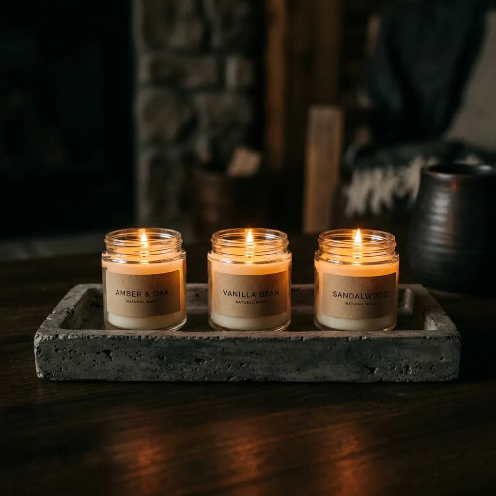 Three candles in glass jars on a concrete tray, generated by Nano Banana 2 at $0.06 — creative scent names (Amber & Oak, Vanilla Bean, Sandalwood) but with spelling errors on the labels