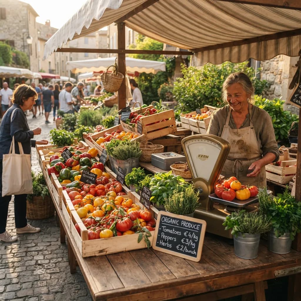 Farmers market stall generated by Nano Banana 2 Lite at $0.03 — heirloom tomatoes in crates, brass weighing scale, herbs in pots, readable price board in euros