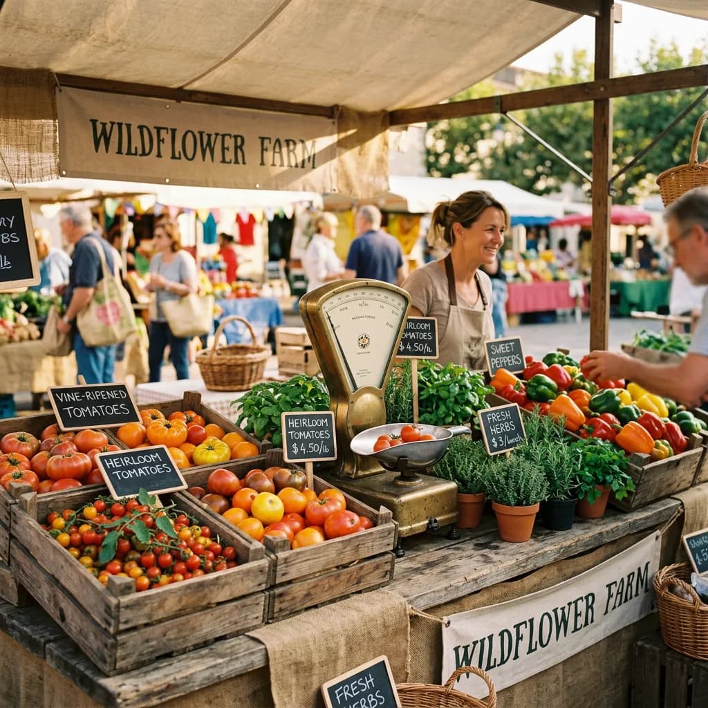 Farmers market stall generated by Nano Banana 2 at $0.06 — labeled crates with prices, WILDFLOWER FARM banner, brass scale with tomatoes