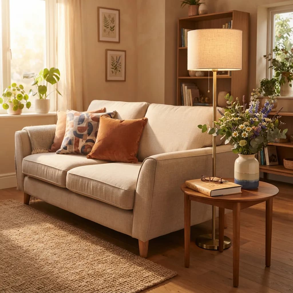 Living room with sofa, cushions, floor lamp, side table with book and flowers, Nano Banana 2 Lite