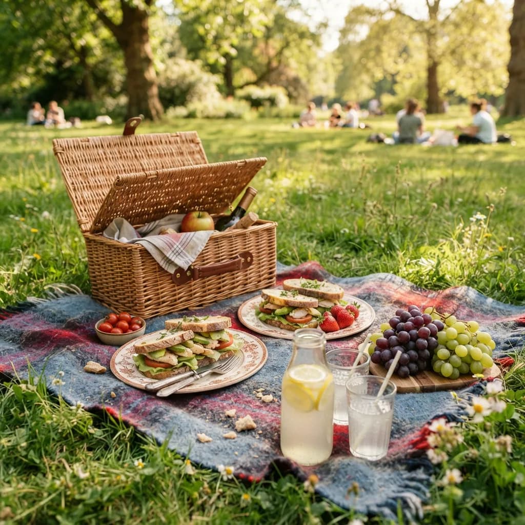 Picnic blanket with basket, plates, sandwiches, grapes and lemonade, Nano Banana 2 Lite