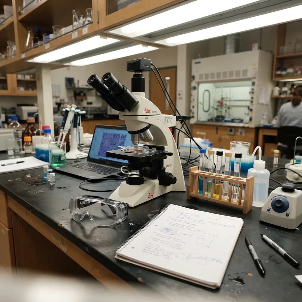 Lab bench with microscope, test tubes, safety goggles and notebook, Nano Banana 2 Lite