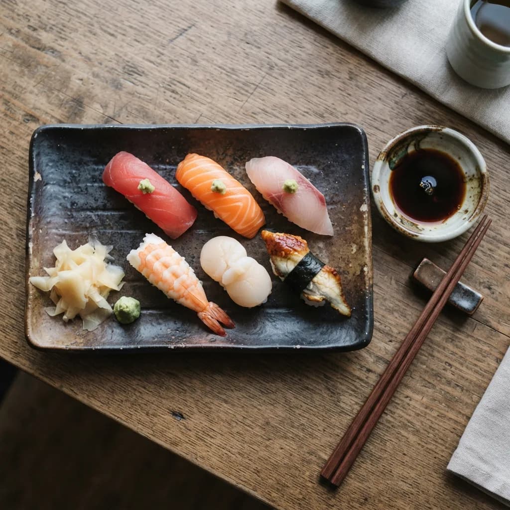 Sushi platter with six nigiri pieces, chopsticks, soy sauce dish and pickled ginger, Nano Banana 2 Lite — overhead shot, all items present