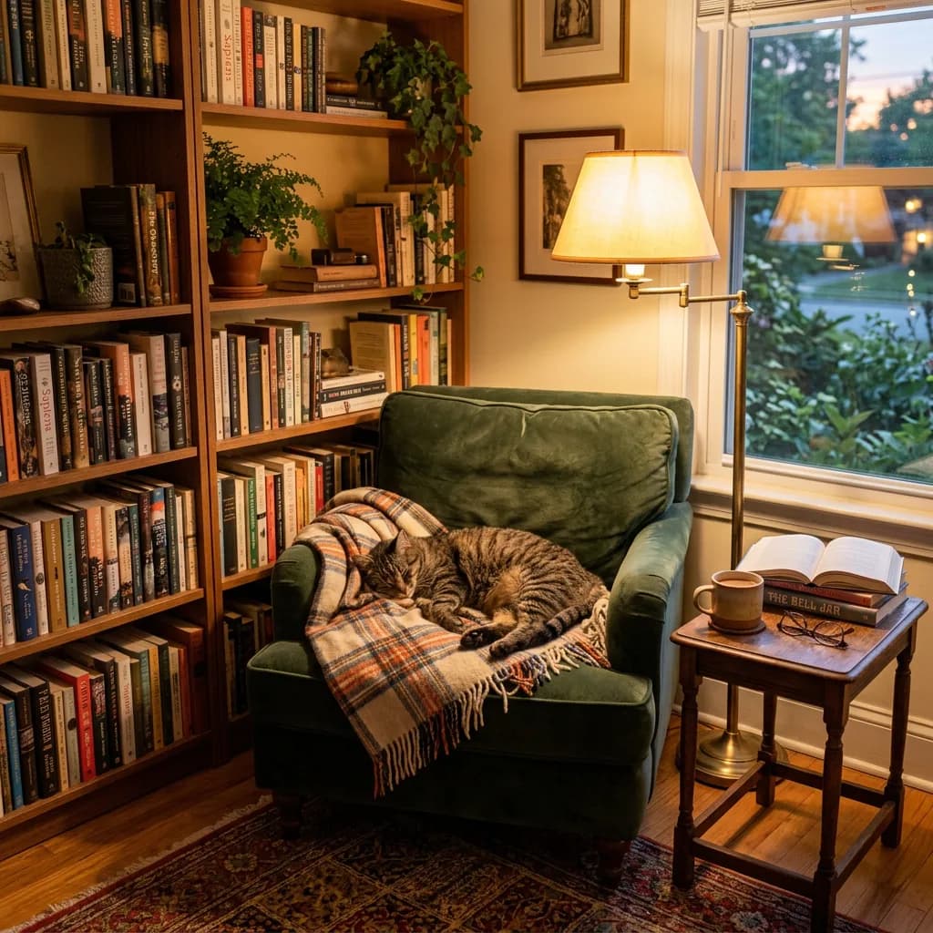 Reading nook, Nano Banana 2 — richer bookshelf detail, natural cat pose
