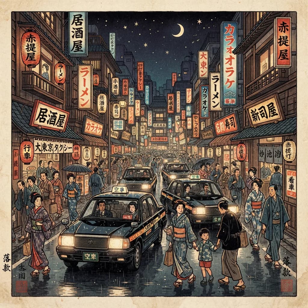 City street at night as ukiyo-e woodblock print, Nano Banana 2 Lite — traditional kimonos, Japanese signage, artist seal stamps, textured rice paper