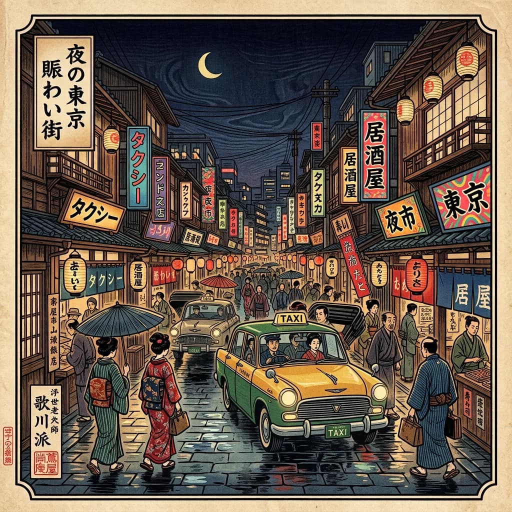 City street at night as ukiyo-e woodblock print, Nano Banana 2 — blending traditional and modern elements
