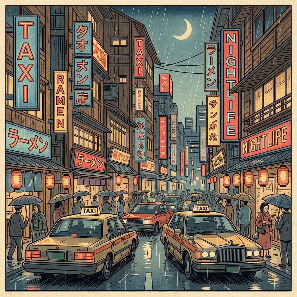 City street at night as ukiyo-e woodblock print, Nano Banana Pro — modern urban interpretation with English signage, bold rain lines, neon colors