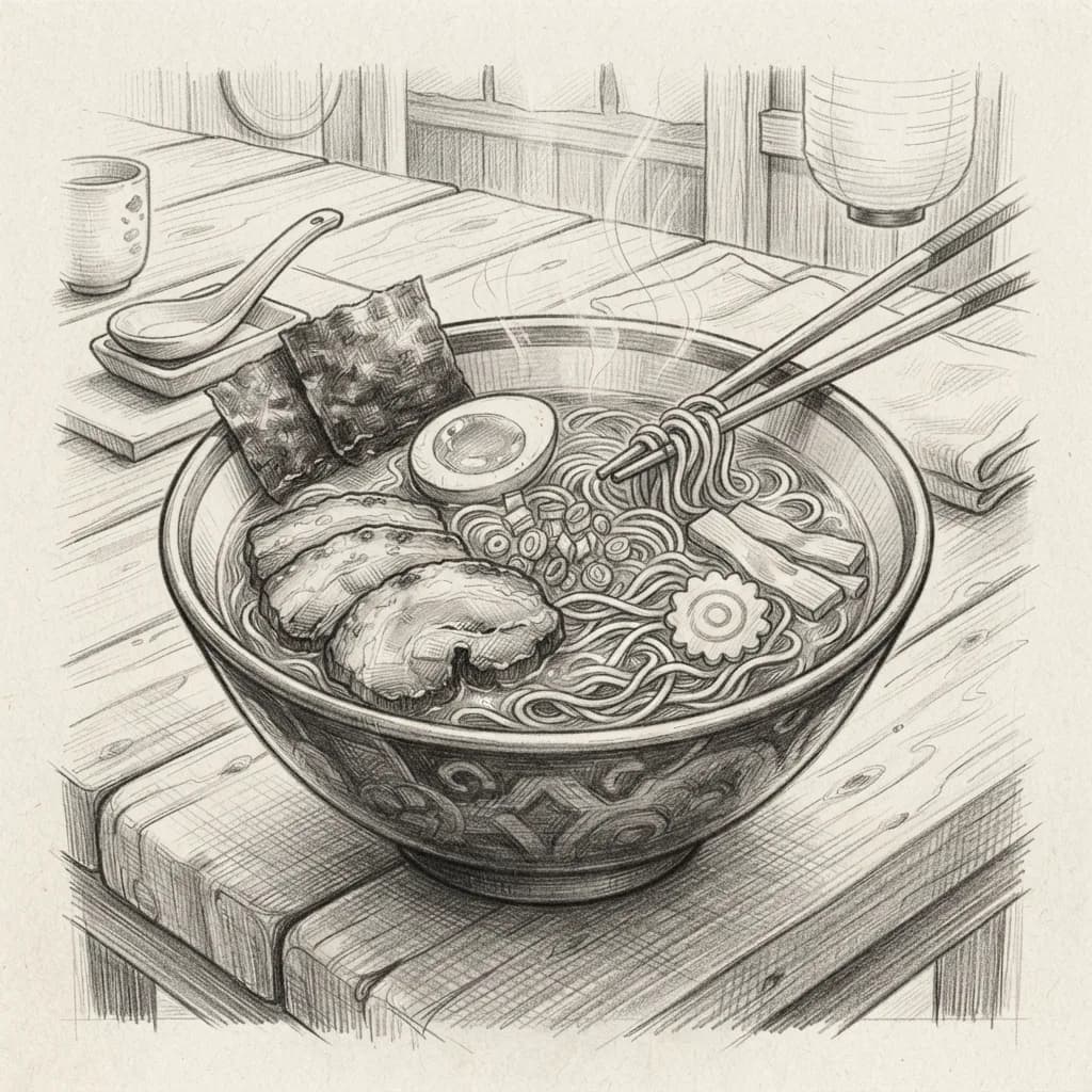 Bowl of ramen as pencil sketch with cross-hatching, Nano Banana 2 Lite — detailed linework, convincing sketch style