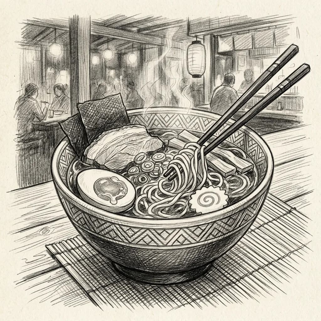 Ramen pencil sketch, Nano Banana 2 — similar cross-hatching quality