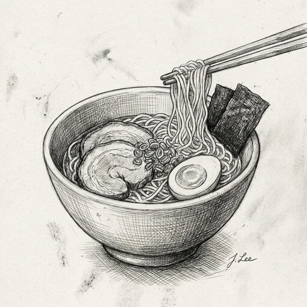 Bowl of ramen as pencil sketch, Nano Banana Pro — more precise cross-hatching and cleaner line weight variation