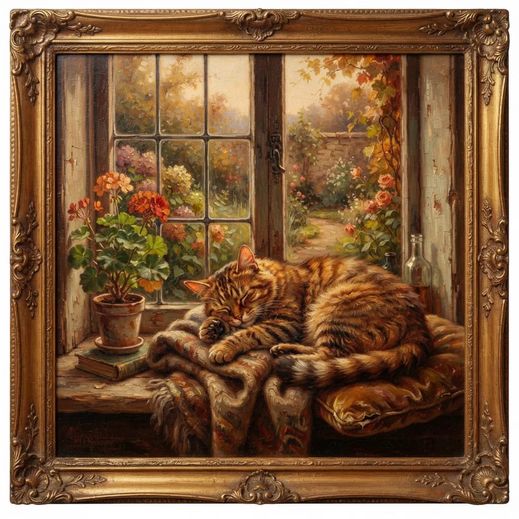 Cat on windowsill as vintage oil painting, Nano Banana 2 Lite — warm tones, convincing painterly texture