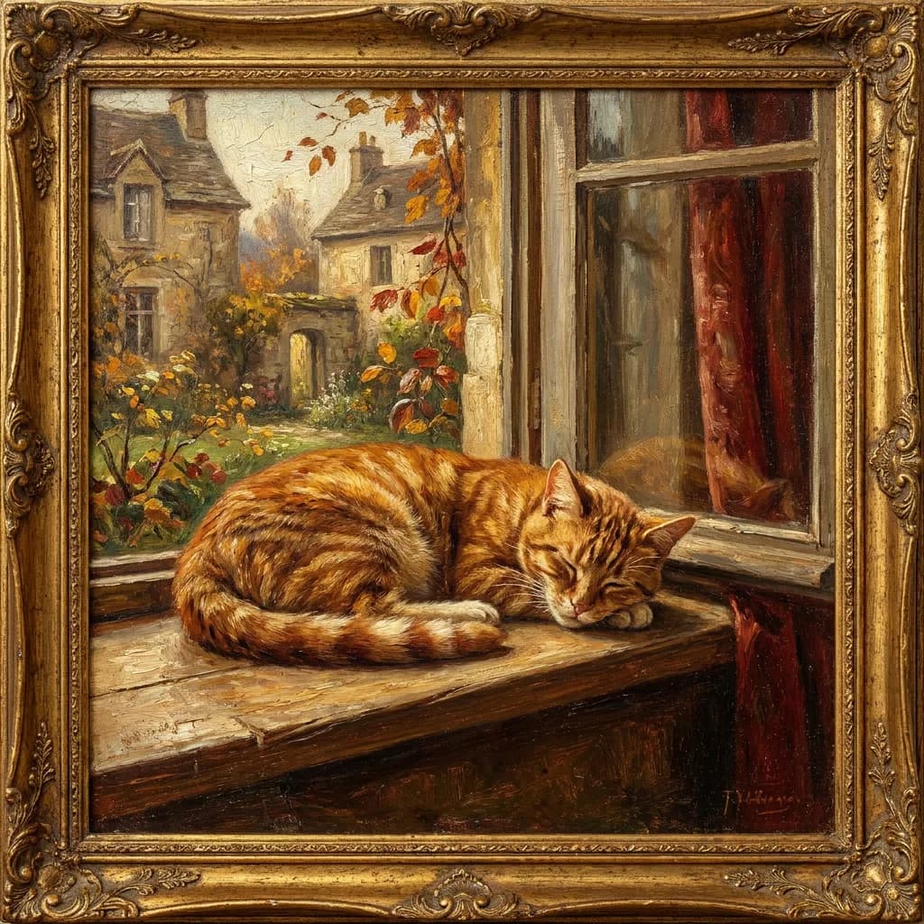 Cat on windowsill as vintage oil painting, Nano Banana Pro — finer brushstroke detail and richer color depth