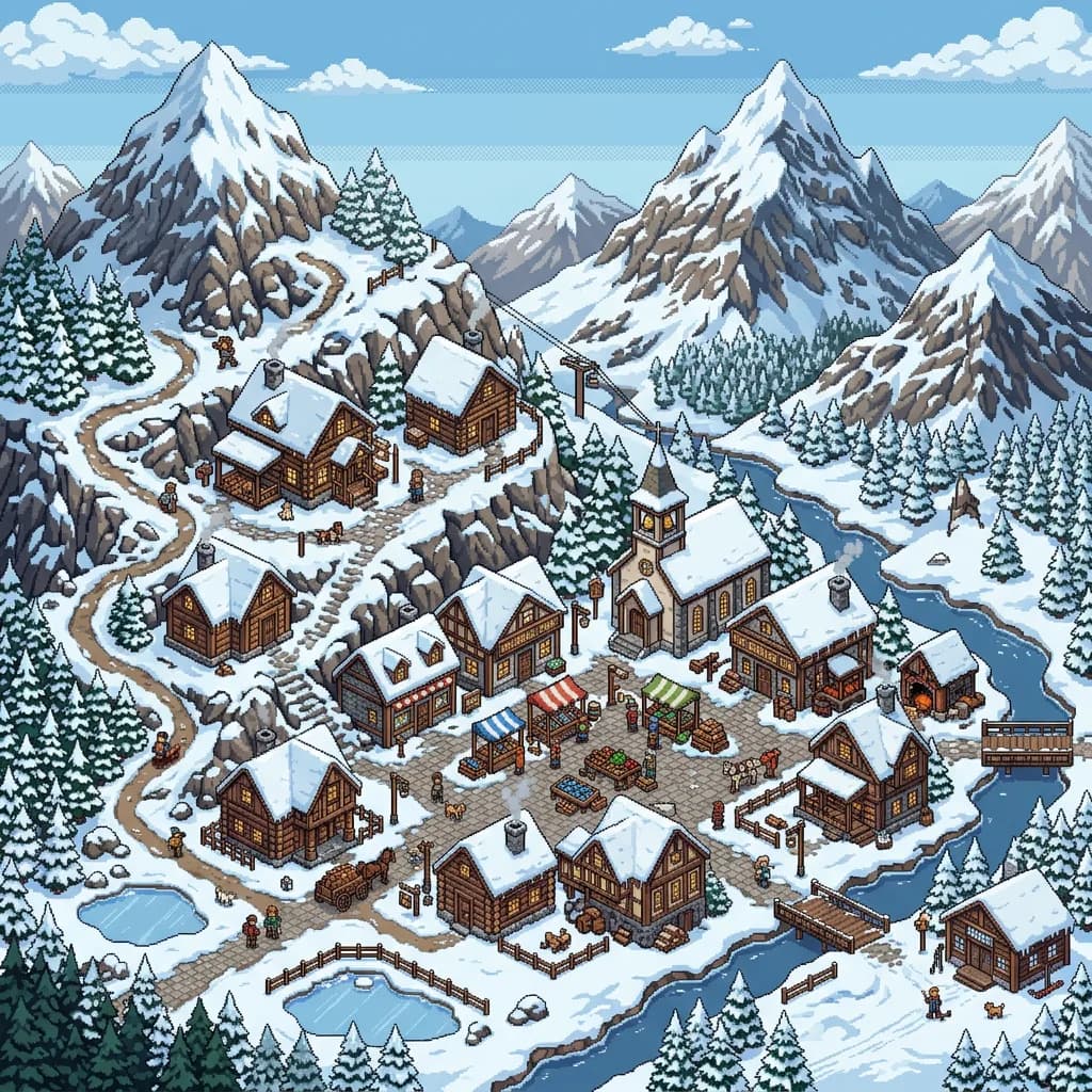 Mountain village pixel art, Nano Banana 2 — similar pixel density, slightly different color palette