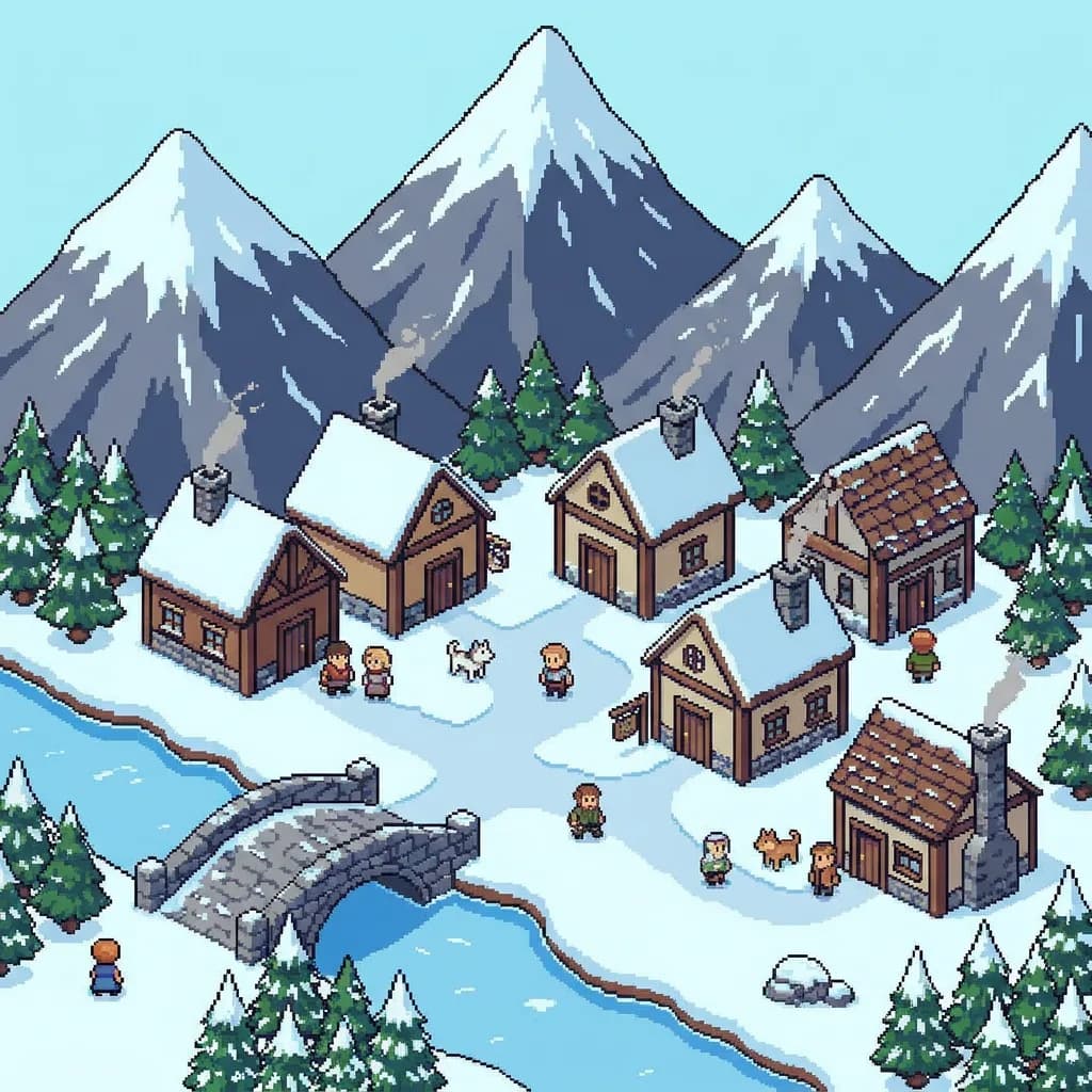 Mountain village pixel art, Nano Banana Pro — geometrically precise pixels, cleanest isometric grid
