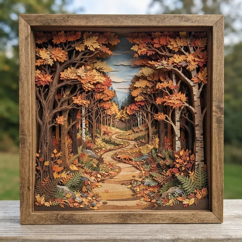Autumn forest path as paper cut art, Nano Banana 2 Lite — layered composition with visible paper edges