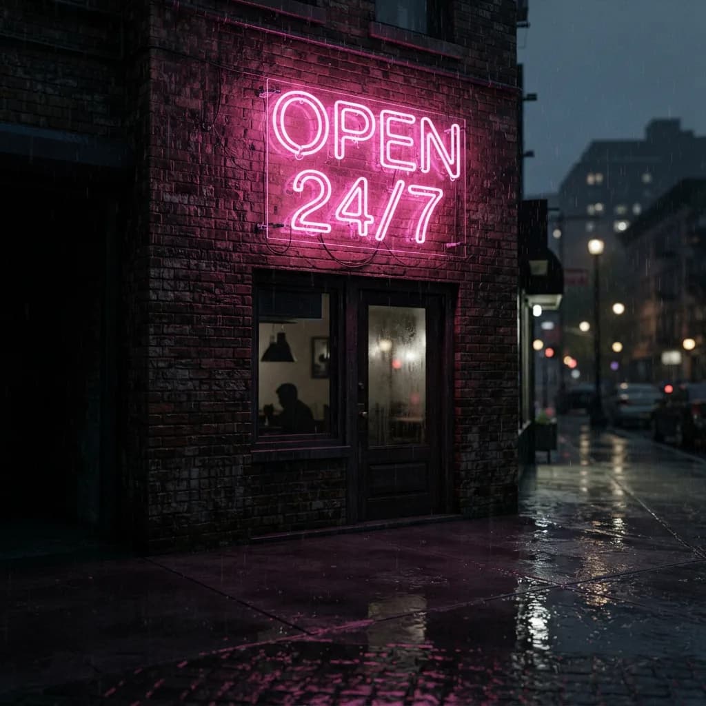 Neon sign reading OPEN 24/7 on dark brick wall, generated by Nano Banana 2 Lite — fully legible pink text with rain reflections on the ground