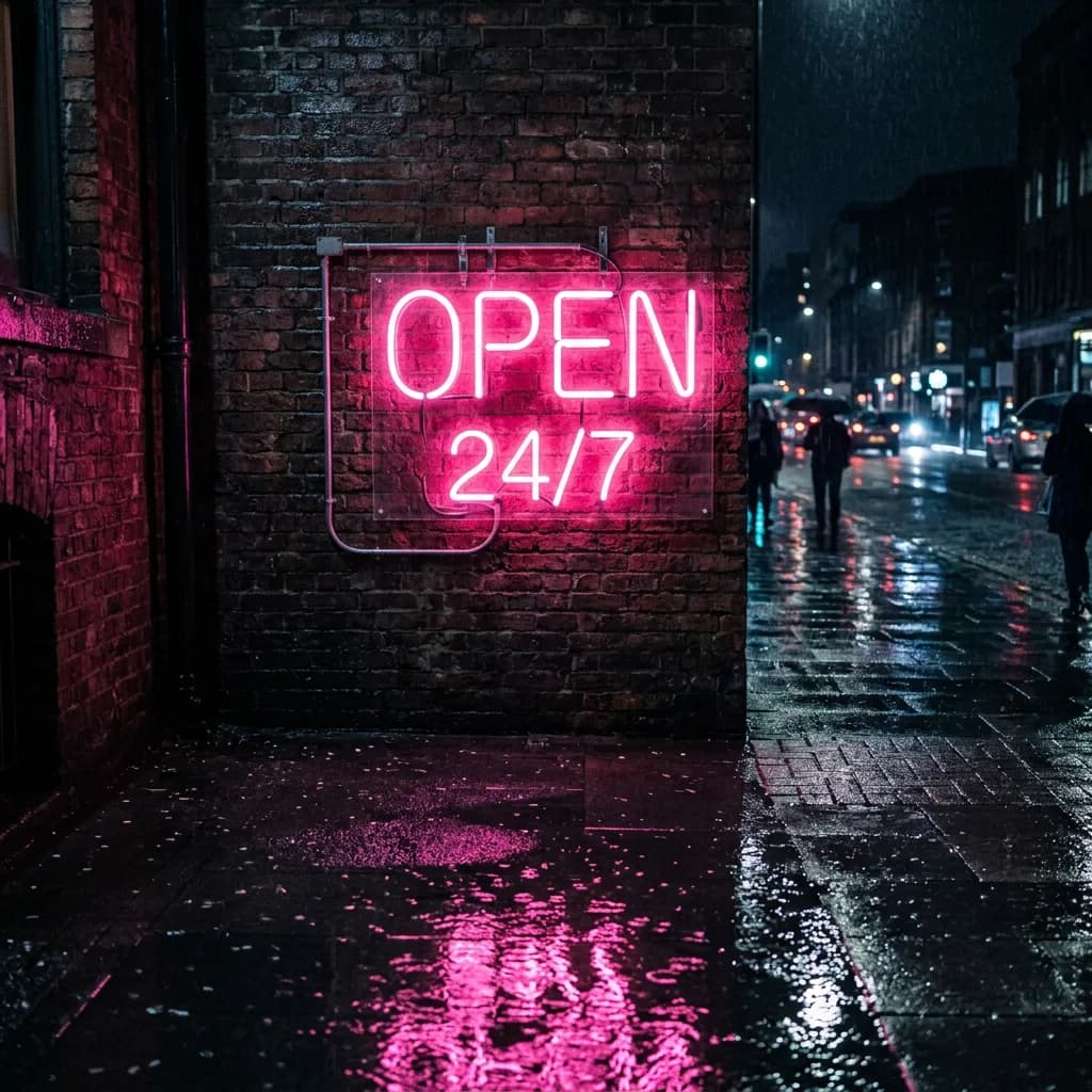 Neon sign reading OPEN 24/7 on dark brick wall, generated by Nano Banana 2 — legible text, slightly different rain reflection angle