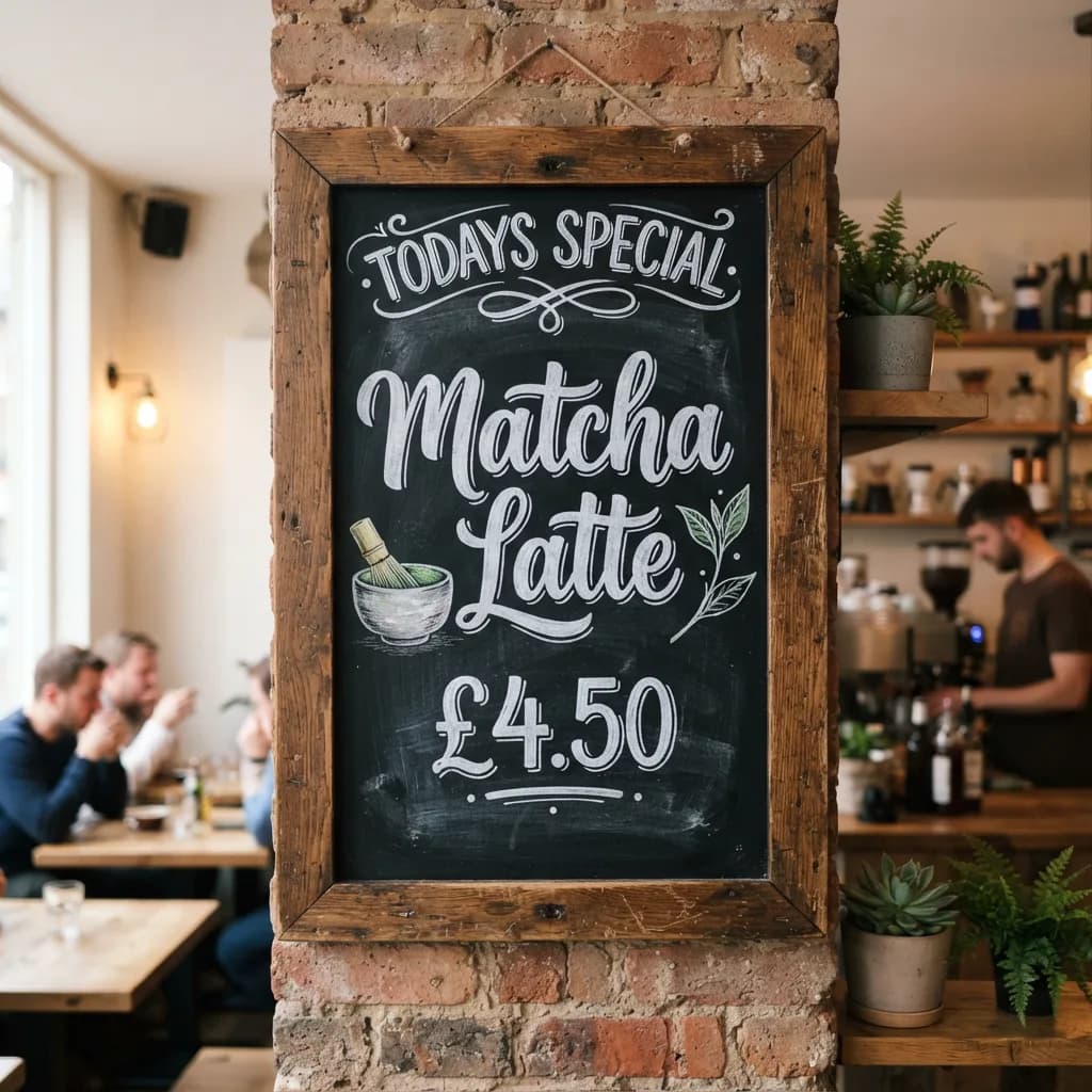 Chalkboard cafe menu reading Todays Special Matcha Latte, Nano Banana 2 Lite — handwritten calligraphy style, rustic wooden frame