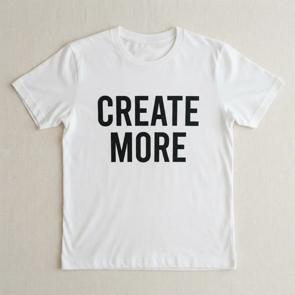 White t-shirt flat lay with bold CREATE MORE text, Nano Banana 2 Lite