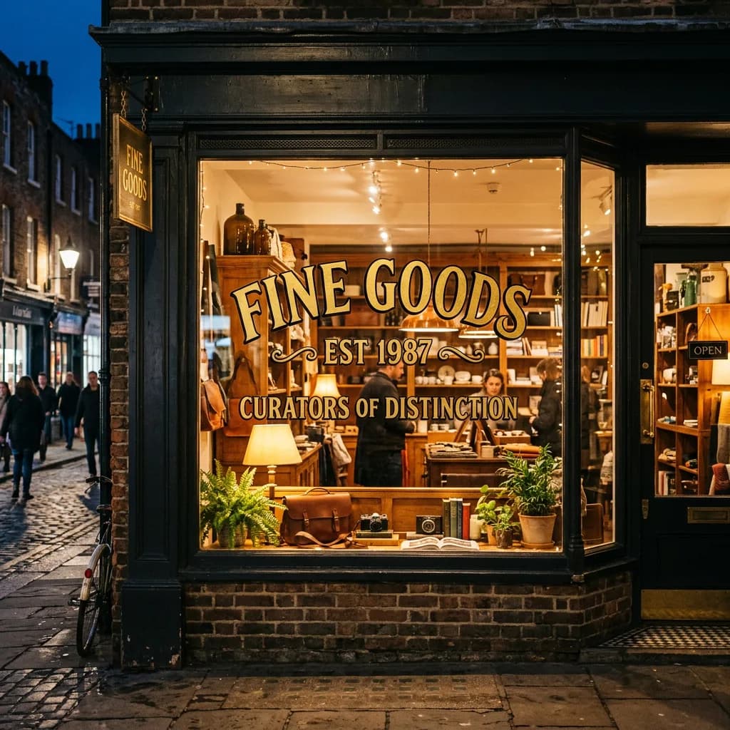 Storefront window with gold leaf lettering, Nano Banana 2 — warm interior light, readable text