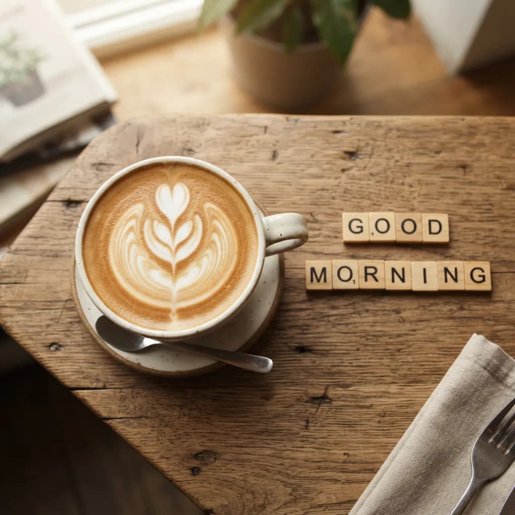 Coffee cup from above with latte art, GOOD MORNING in letter tiles, Nano Banana 2 Lite