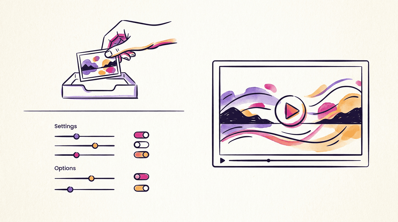 A three-panel storyboard showing a hand uploading a photo, a settings panel, and a finished video player, illustrating the image to video workflow