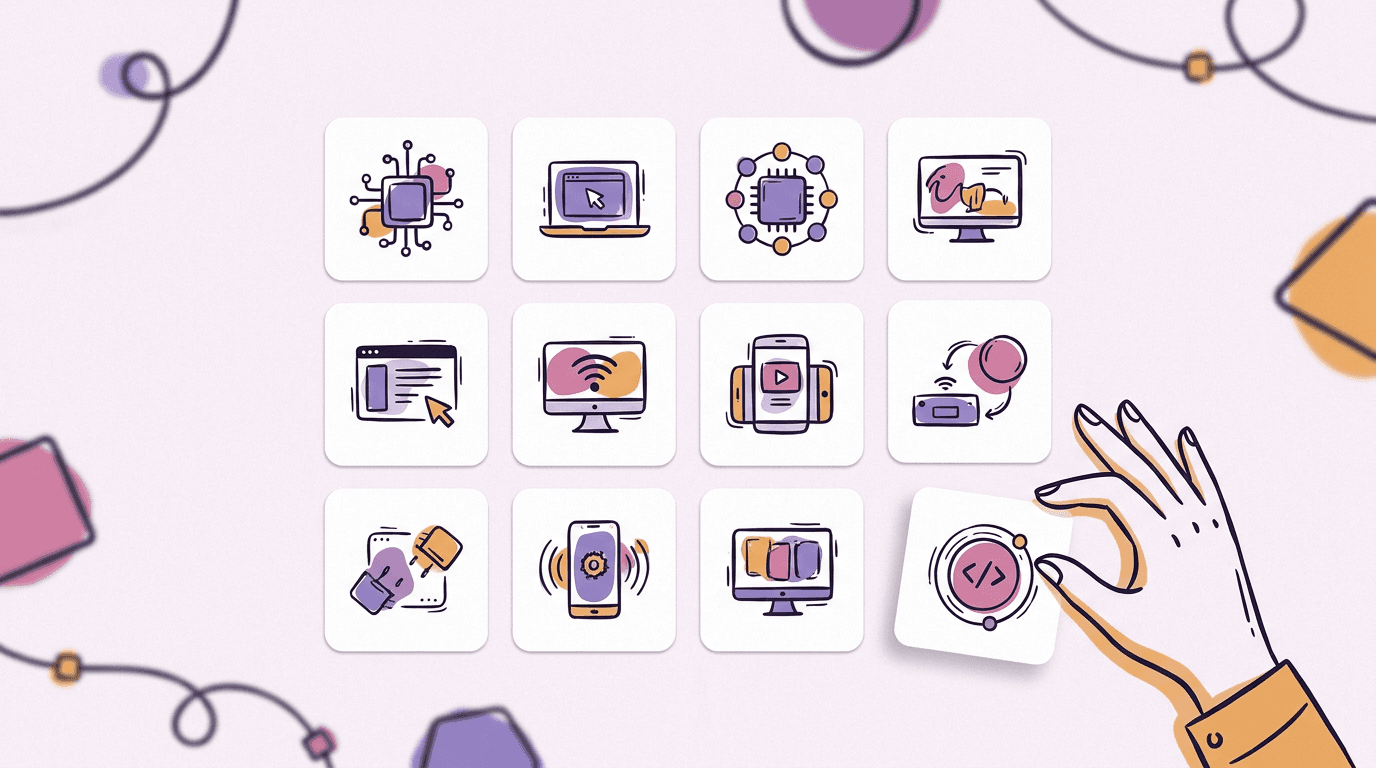 A dozen small illustrated cards laid out in a neat grid on a desk, all sharing one visual style, editorial illustration