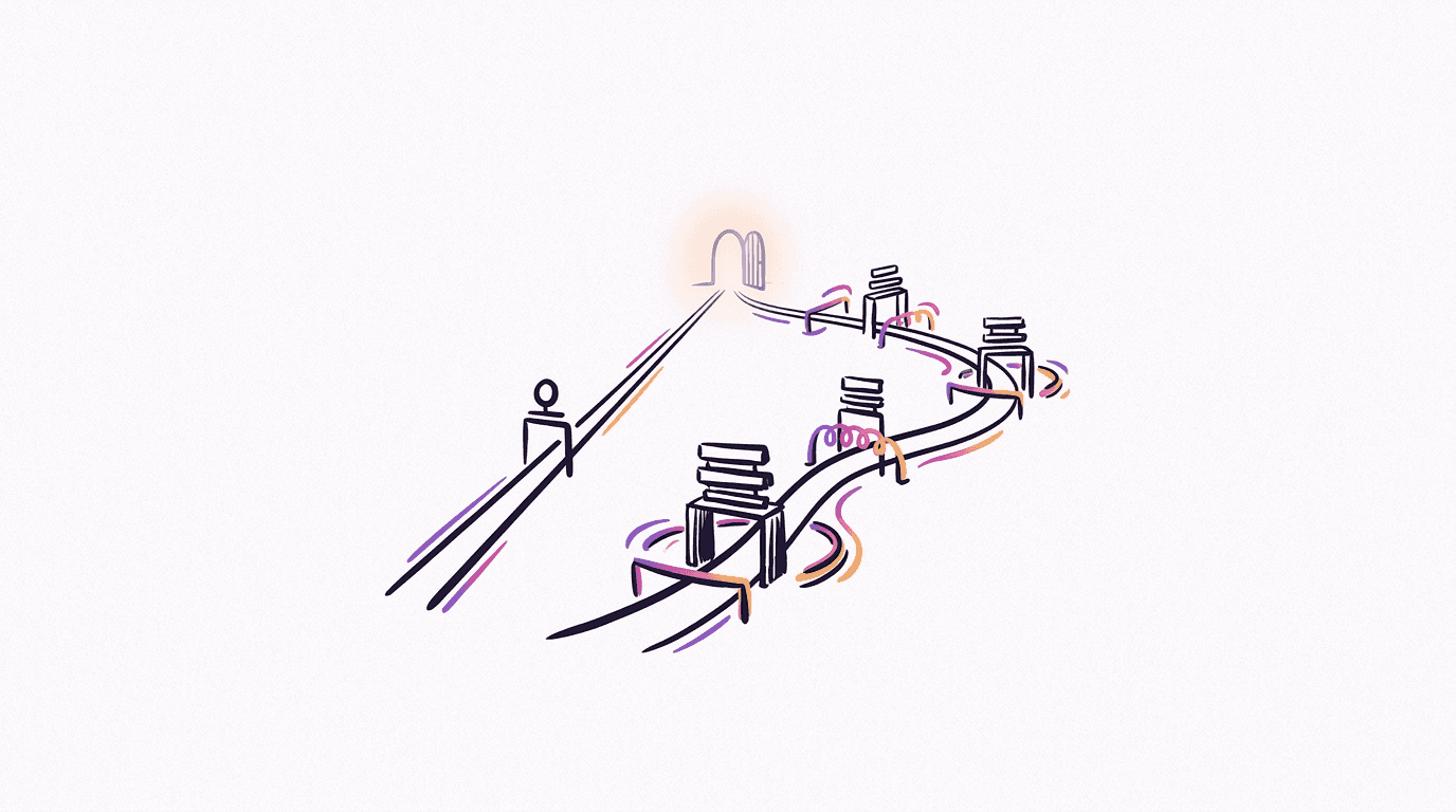 Two paths to the same glowing gate, one short and straight, the other winding through checkpoint posts, editorial illustration