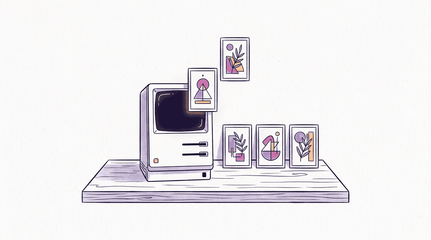 A terminal window on a desk with small framed pictures emerging from it, editorial illustration