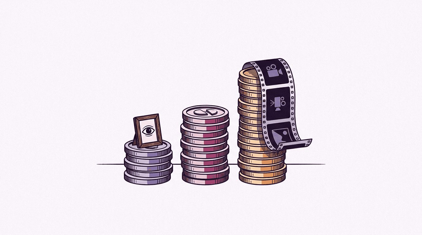 Coins beside a stack of small framed pictures and a film strip, arranged as a simple ladder, editorial illustration