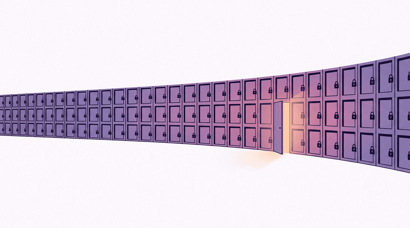 A wall of small locked doors with a single one ajar and glowing, editorial illustration