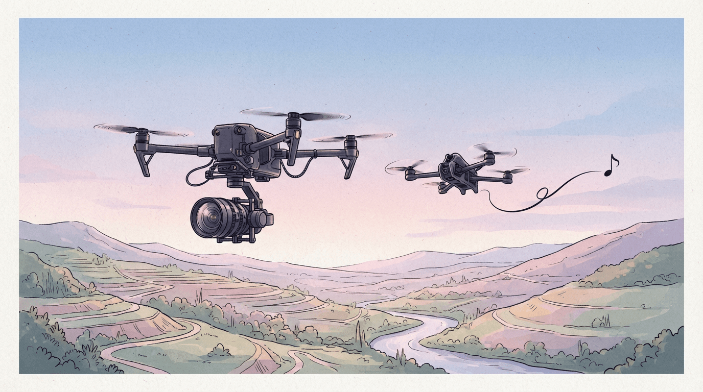 Two camera drones of different sizes flying side by side over a pastel valley, representing the choice between Omni Flash and Veo 3.1