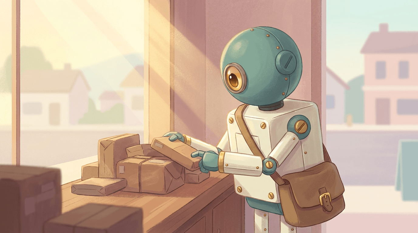 AI-generated courier robot with teal head and canvas messenger bag sorting parcels at a sunlit depot, first image of a character-consistent series