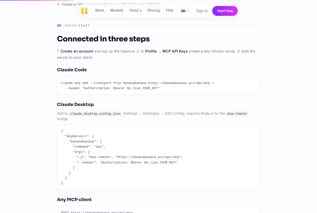 Quick start section of the BananaBanana MCP docs page showing Claude Code and Claude Desktop setup snippets
